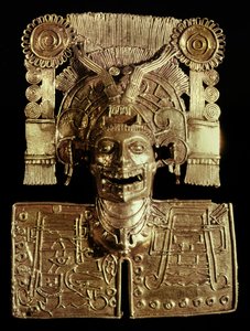 A halál istenét, Mictlantecuhtlit ábrázoló mellvért a 7. sírból, Monte Alban, Mixtec, 1300-1450 (arany)